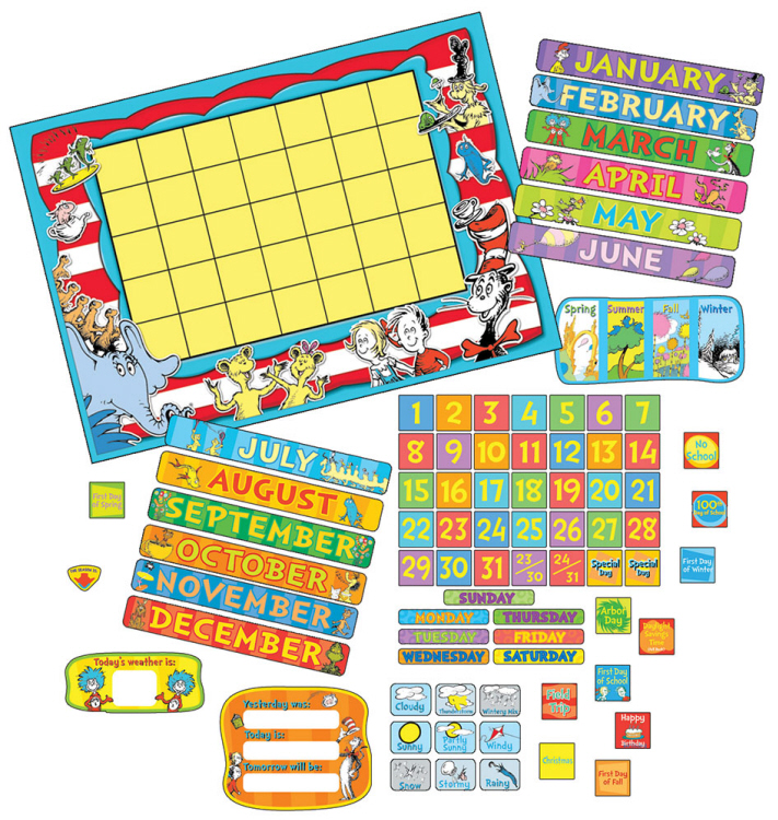 DR Seuss Calendar Set includes extra large Calendar (34&quot;x24&quot;(86.3x61cm) Days of the week,Months,Weather chart,Nos.&amp; special days (122pcs)