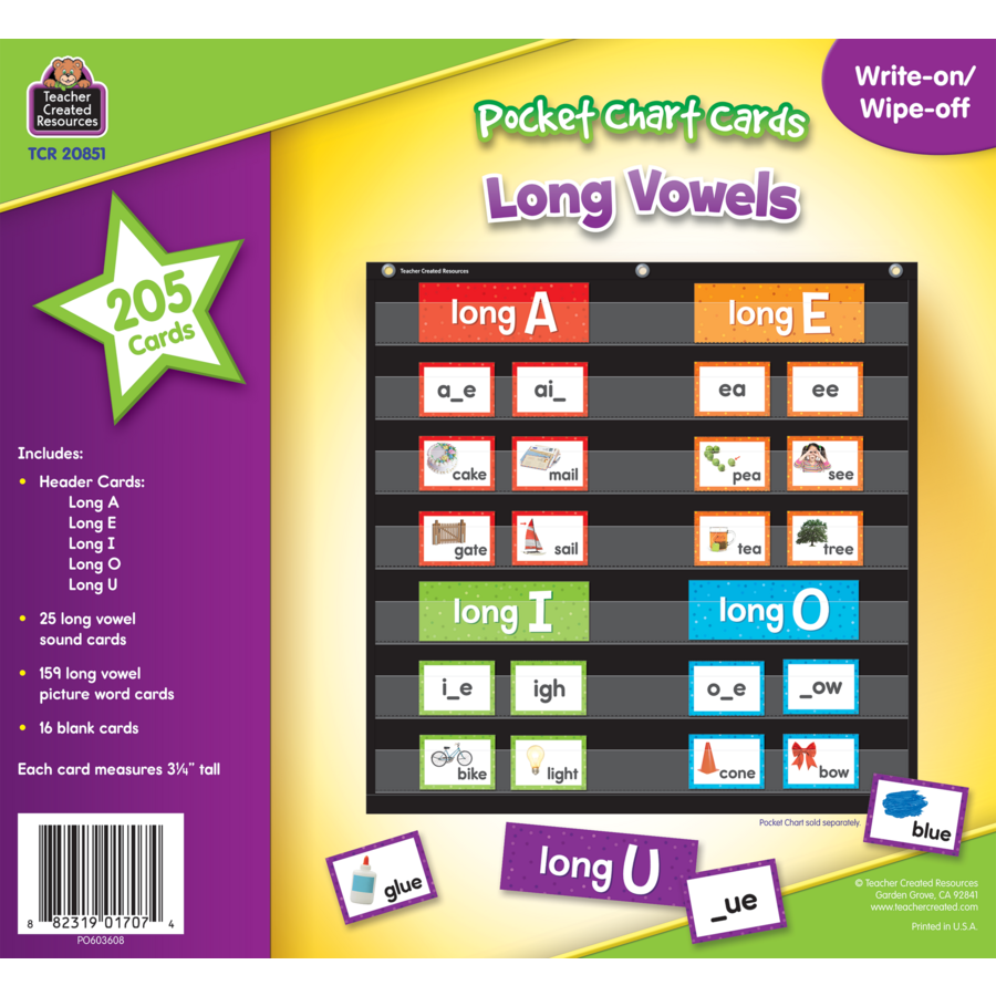 Long Vowels Pocket Chart Cards Write - on/ Wipe - off (205 cards)