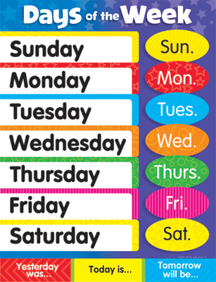 Days of the Week Stars Chart 17&quot; x 22&quot; (43cm x 56cm)