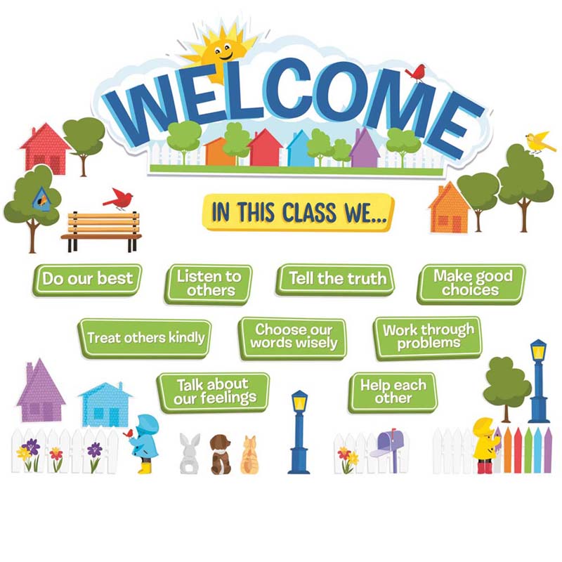 A Teachable Town in This Class Welcome Set Bulletin Board Set 4 Panels 17&quot;x 24&quot;(43cm.x 61cm) 2pcs Welcome Header /22 pcs die cut (35pcs)