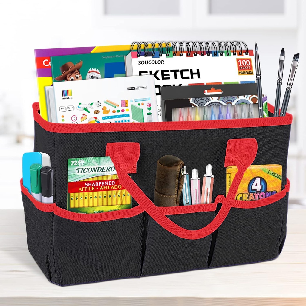 Teacher Helper Tote Bag/Desktop Tote (13.6x5.7x8.7 inches)(34.5cm x 14.5cm x 22cm) BLACK/RED