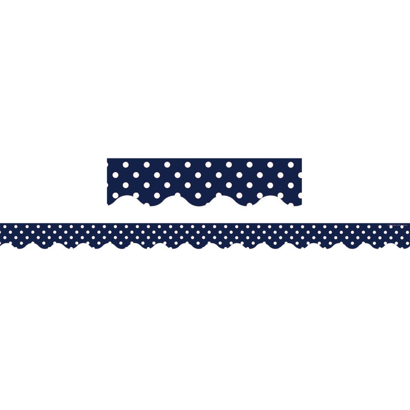 Navy Blue Polka Dots Scalloped Border Trim, 12pcs (3''x35'')(7.6cmx88.9cm)